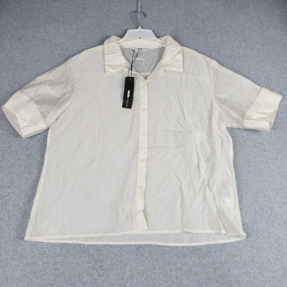 Fashion Nova Give It A Try Organza Shirt Womens 1X Ivory Short Sleeve Button Up